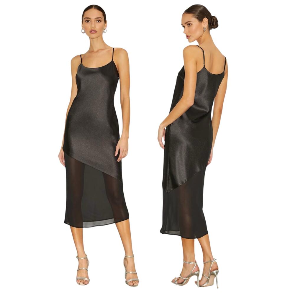 Lulus Drew Black Satin and Chiffon Midi Slip Dress size Medium